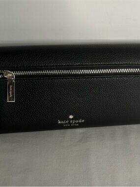 Kate Spade Marti Black Pebbled Leather Flap Zip Clutch Wallet